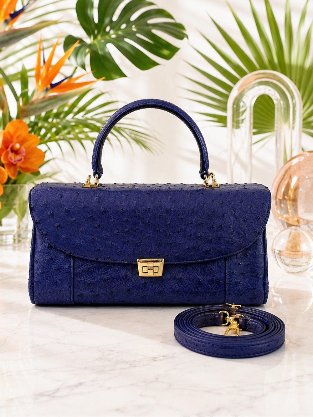 NEW Genuine Ostrich Leather Two-Way Satchel Bag – Cobalt Blue